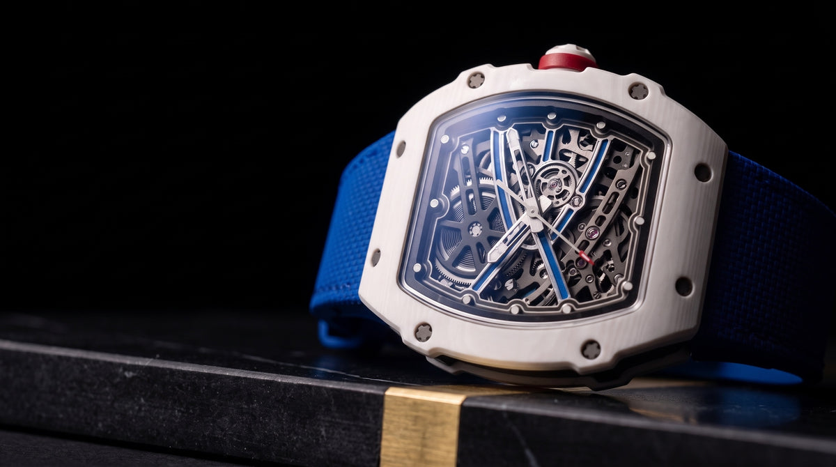 Close-up of a Maison Viveur skeleton watch on black marble