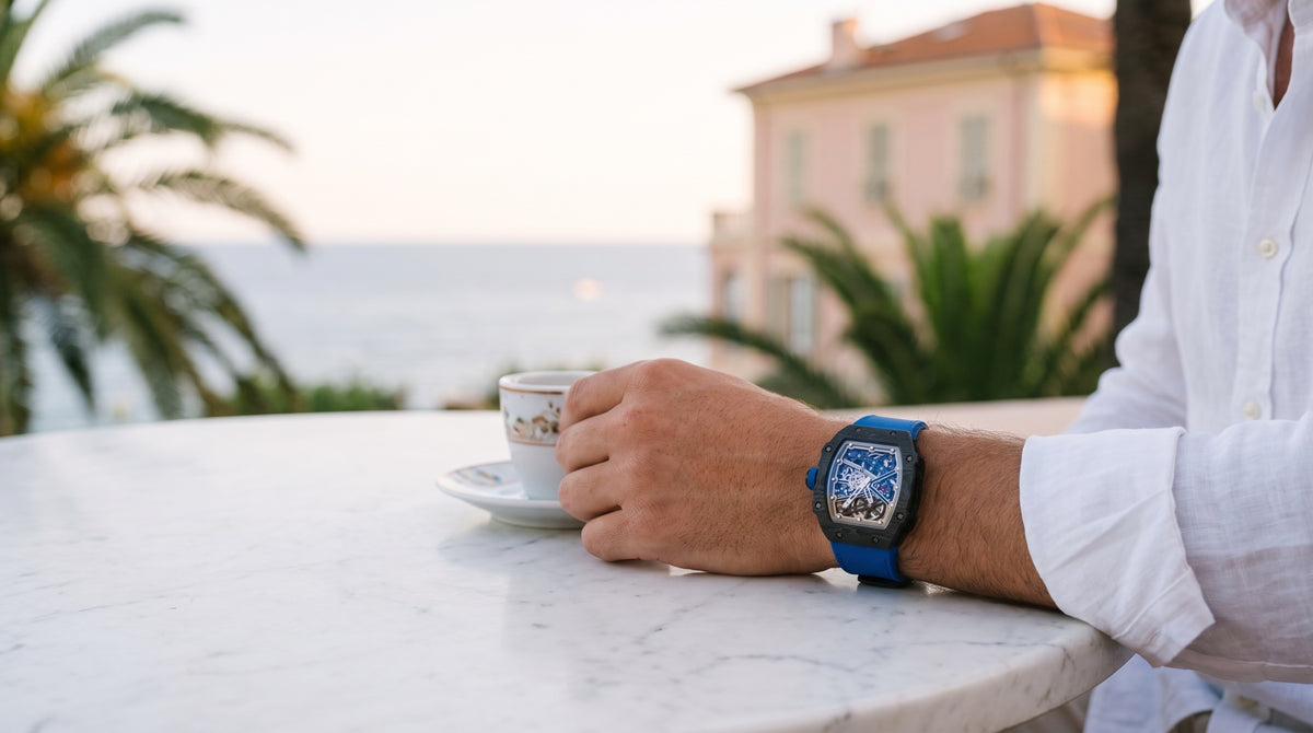 Maison Viveur watch on the wrist with an espresso on the Côte d'Azur